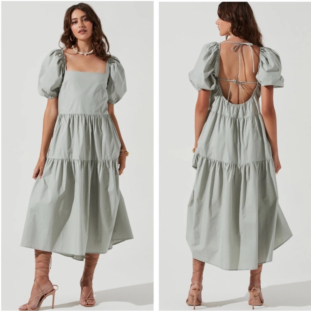 NEW ASTR the label Ilana Cotton Maxi Puff Sleeve Prairie Inspo Boho Dress Sage S